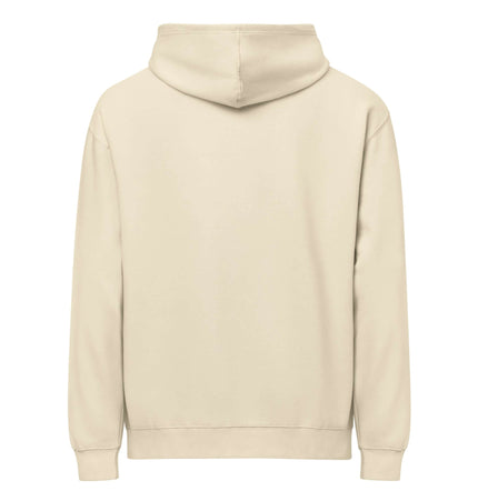 Beige Hoodie - Gold Signature Logo back view showcasing the clean and boxy design with drop shoulders and overlapped neckline.