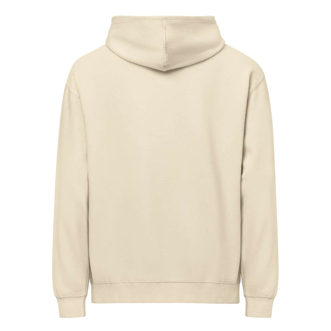 Beige Hoodie - Gold Signature Logo back view showcasing the clean and boxy design with drop shoulders and overlapped neckline.