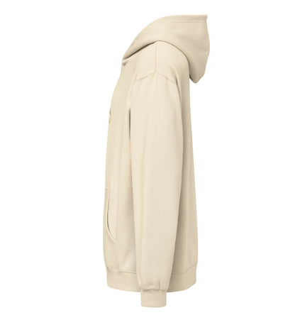 Beige Hoodie - Gold Signature Logo side view showcasing oversized relaxed fit and drop shoulder design.