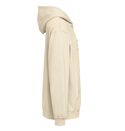 Beige Hoodie - Gold Signature Logo side view showcasing its relaxed fit and stylish design.