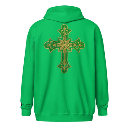 Bright Green Hoodie - Gold Cross Graphic with a gold cross design on the back, showcasing its vibrant color and style.