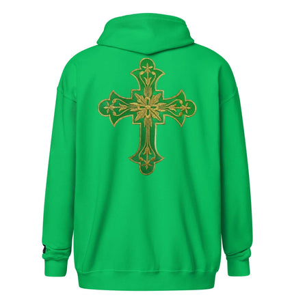 Bright Green Hoodie - Gold Cross Graphic with a gold cross design on the back, showcasing its vibrant color and style.