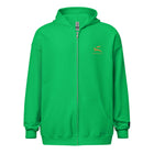 Bright Green Hoodie - Gold Cross Graphic front view with zipper and pockets